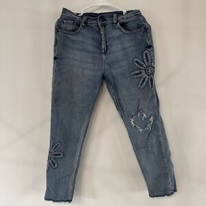 Justice Girls Raw Hem Distressed Flower Jeans Blue‎ Denim Stretchy 16